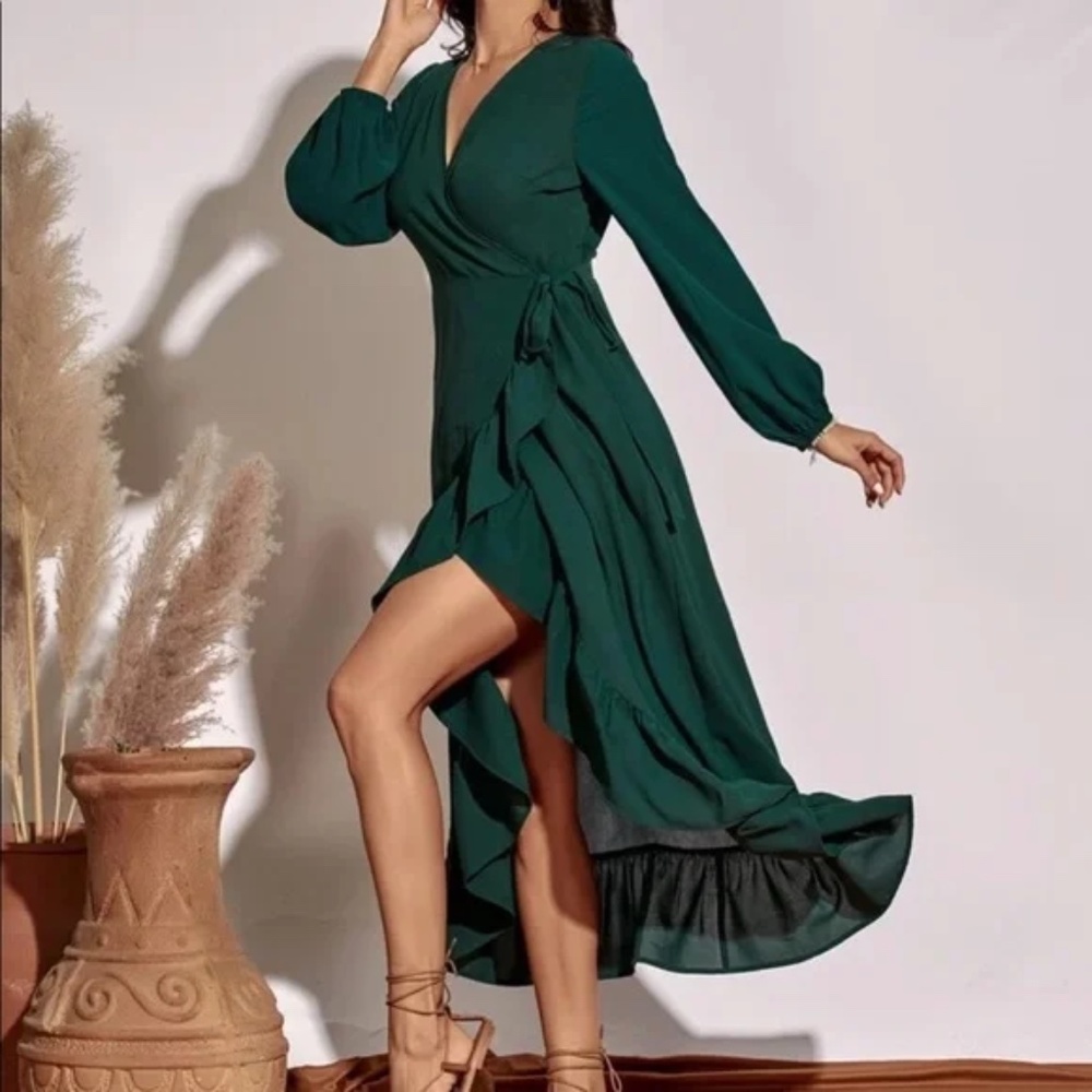 Boho Green Wrap Ruffle Hem Maxi Dress - Picture 3 of 4